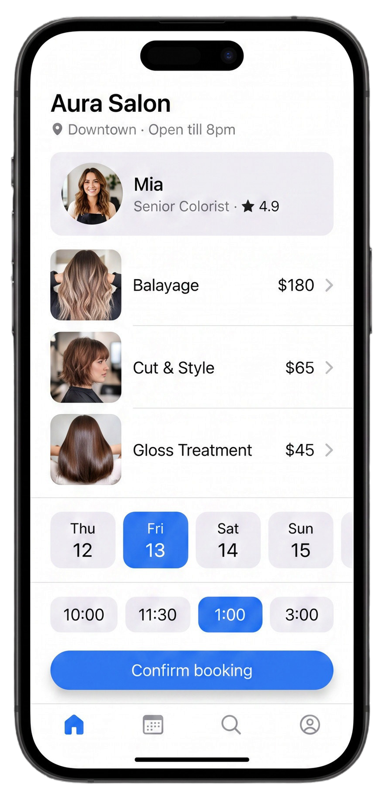 Aura Salon booking app on iPhone: services, Friday 1:00 PM slot, Confirm booking