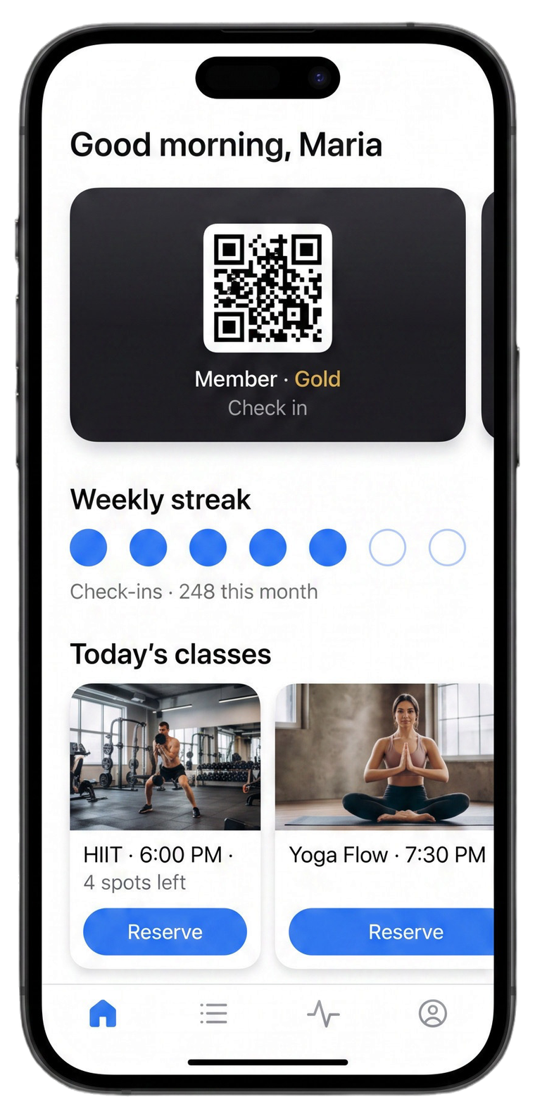 Forge Fitness member app on iPhone: QR check-in, weekly streak, and class reservations