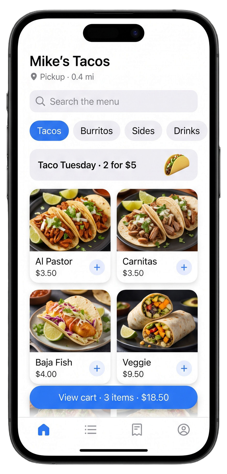 Mike's Tacos ordering app on iPhone: menu, Taco Tuesday offer, and a cart with three items