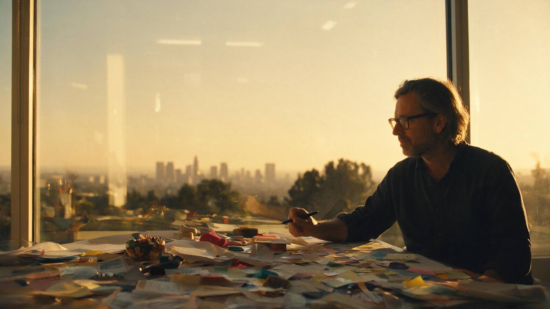 Designer reviewing printed layouts at a desk