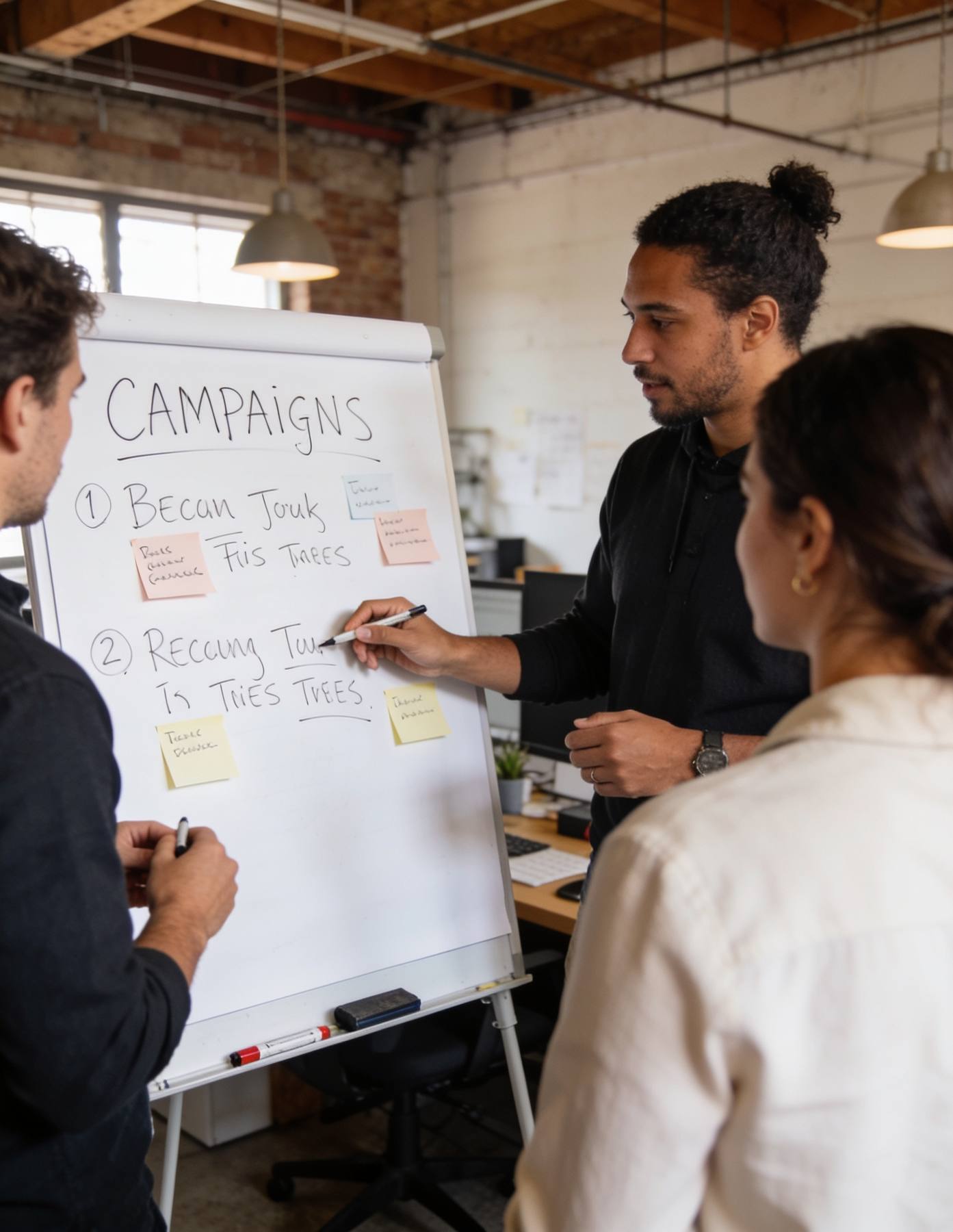 Team planning campaigns on a whiteboard